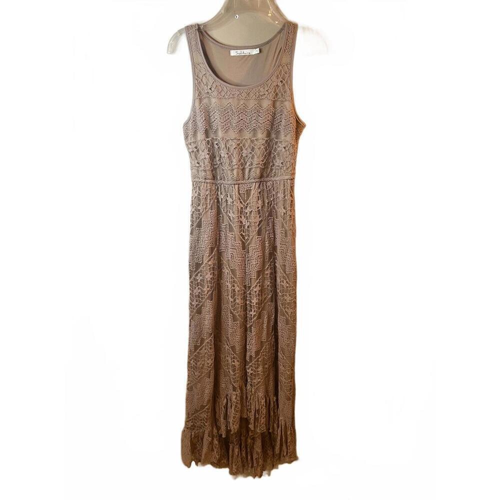 Solitaire Women's Beige Sleeveless Lace Maxi Dress Ruffle Size Small Fairy Boho